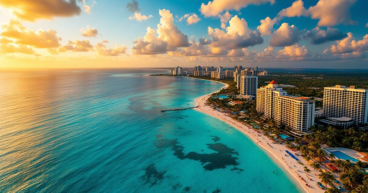 Vista aérea de la zona hotelera de Cancún y el mar Caribe turquesa