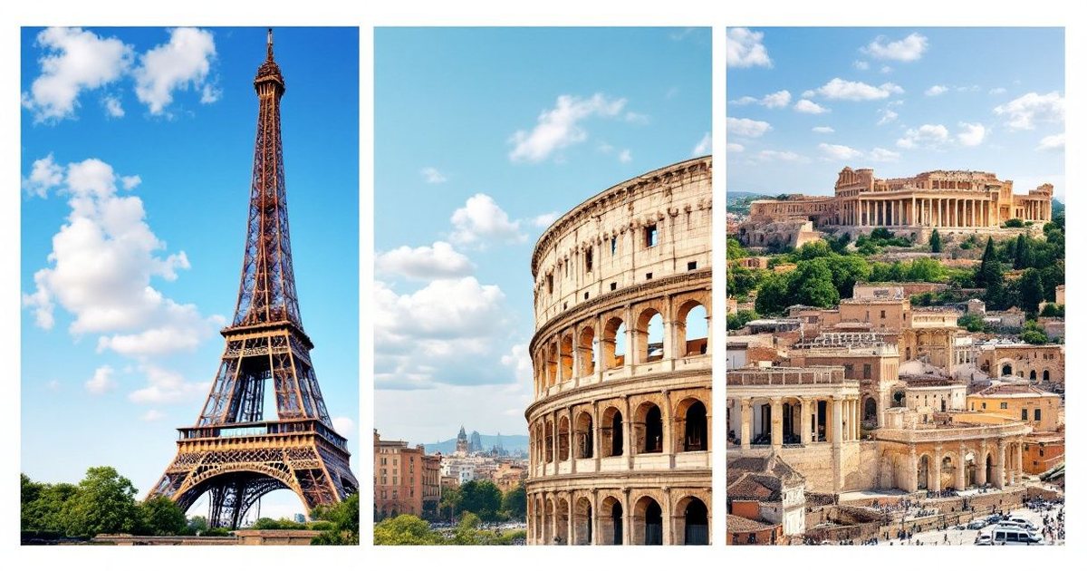 Monumentos clásicos de Europa: Torre Eiffel, Coliseo y Acrópolis bajo cielo azul