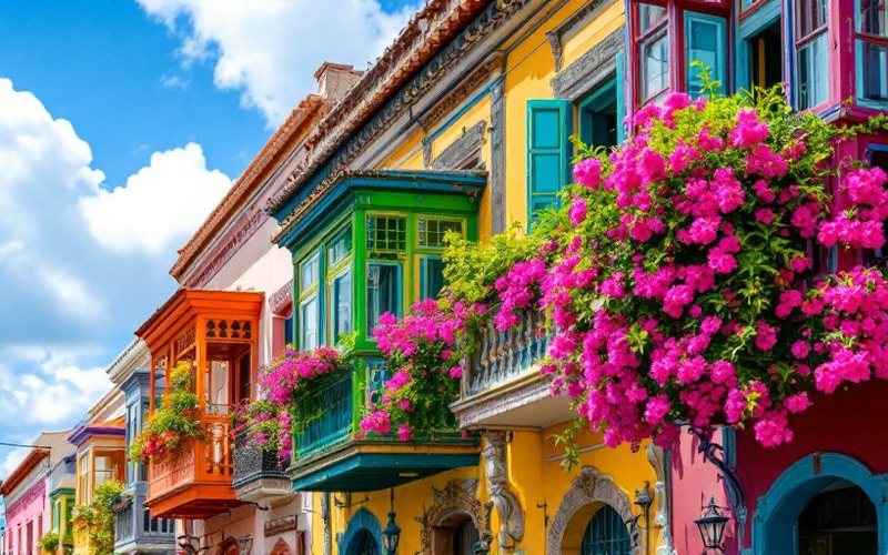 Balcones coloniales con flores en la ciudad amurallada de Cartagena de Indias, Colombia