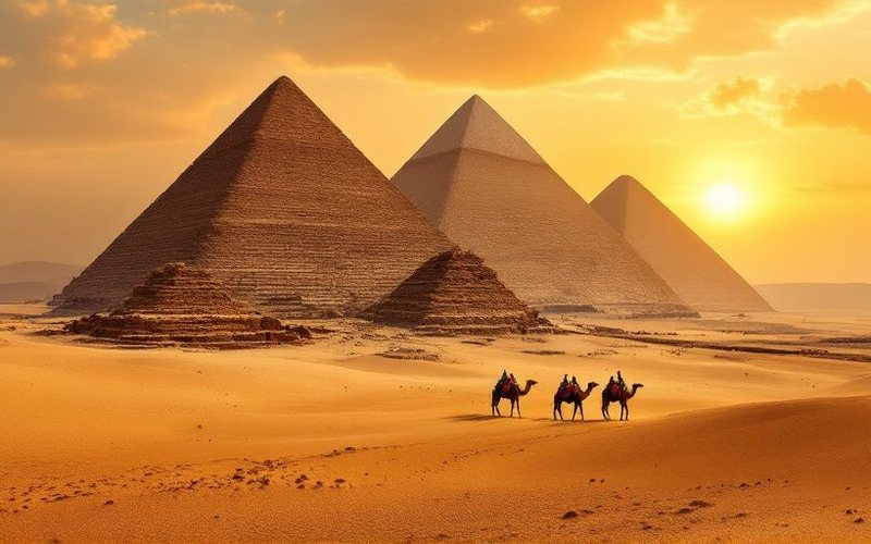 Pirámides de Guiza al atardecer con camellos en el desierto, Egipto