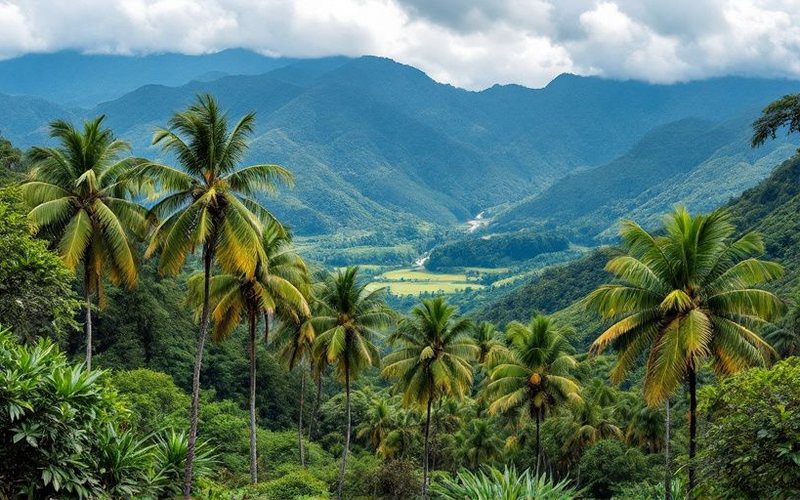 Valle verde entre montañas con palmeras en la región cafetera de Colombia
