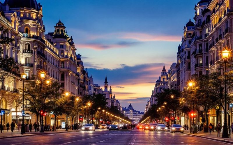 Gran Vía de Madrid iluminada al anochecer, España