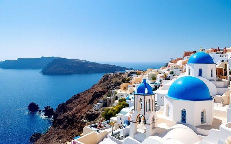 Casas blancas y cúpulas azules de Santorini sobre el mar Egeo, Grecia