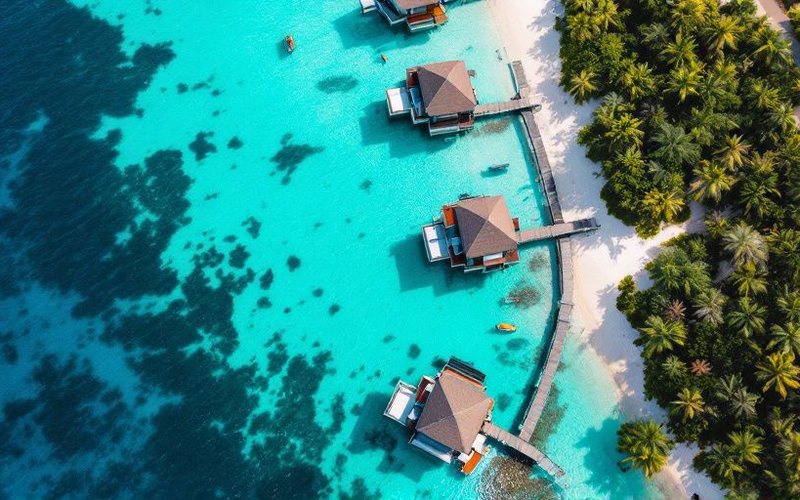 Villas sobre el agua en una laguna turquesa de Maldivas, vista aérea