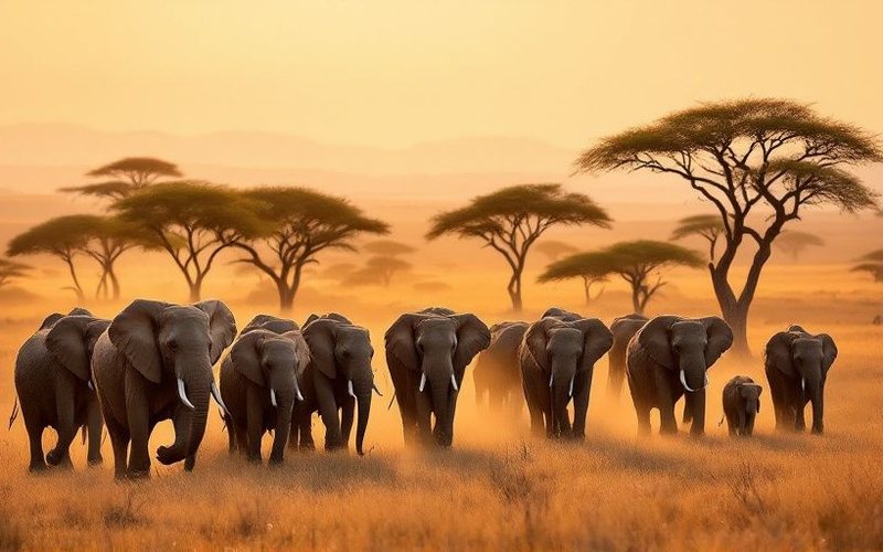 Manada de elefantes en la sabana del Serengeti, Tanzania