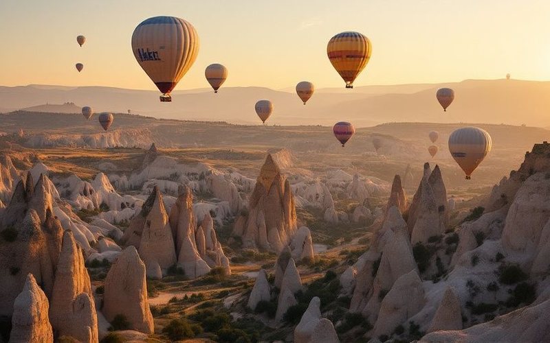 Globos aerostáticos sobre las formaciones rocosas de Capadocia, Turquía